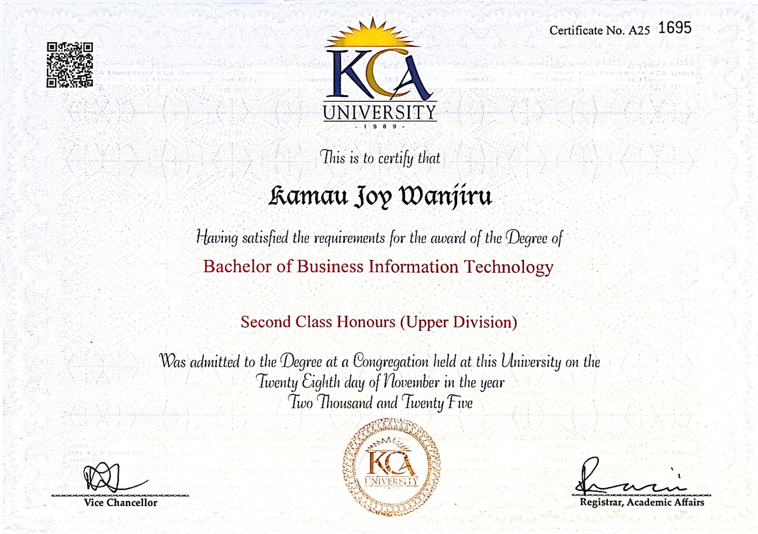 KCA University Bachelor of Business Information Technology certificate awarded to Joy Kamau